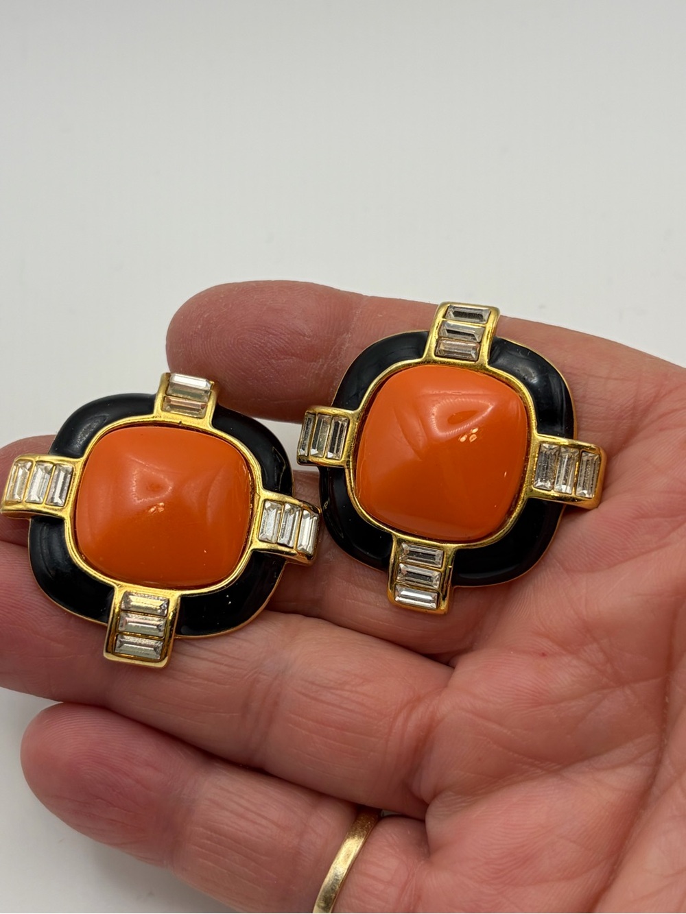 Kenneth Jay Lane KJL art deco style orange black enamel crystal clip on earring